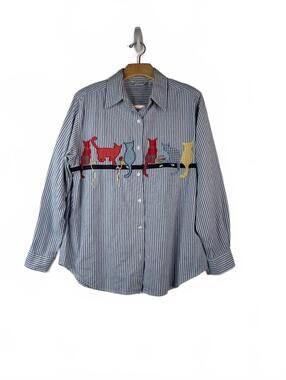 VTG 90's Two Twenty Blue/White Pinstriped  Embroidered Cat Shirt Size 14